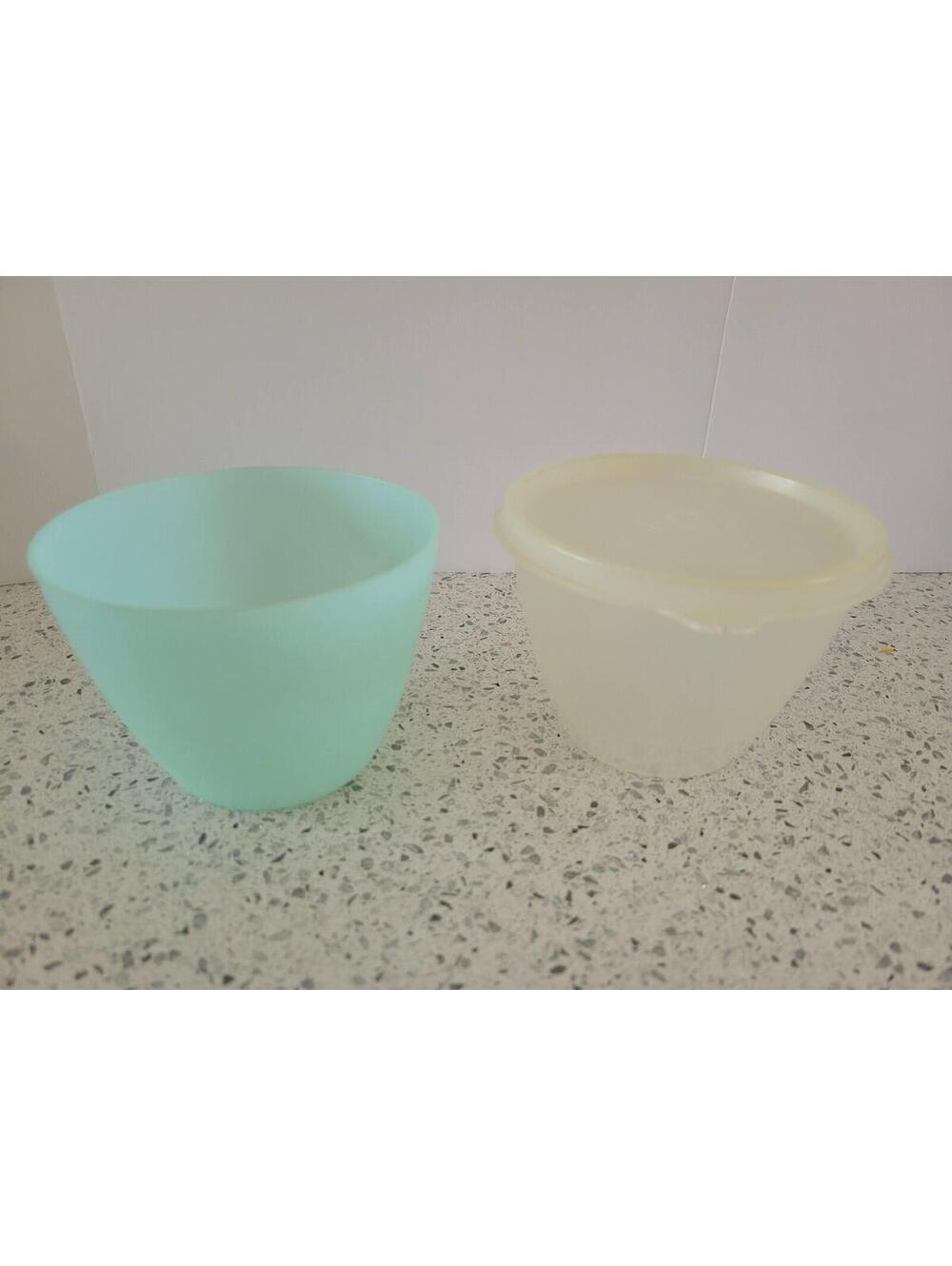 Tupperware Storage Container 2 Piece Set With Lid Aqua Sheer Plastic Vintage USA